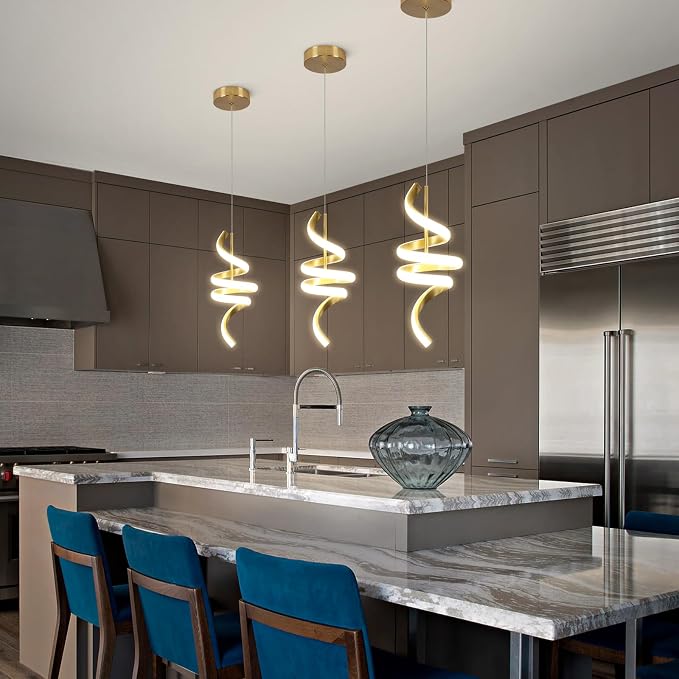 Modern Spiral LED Pendant Lights Kitchen Island, 22W Adjustable Height Hanging Light Fixture 5500K Gold Chandelier for Dining Room Cafe Table, 3 Pack