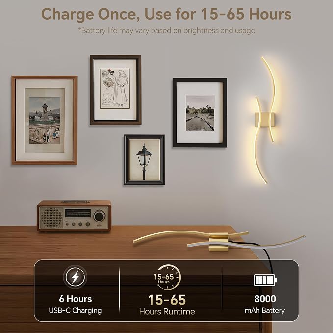 Battery Operated Wall Sconce Set of 2, Dimmable Modern LED Rechargeable Wall Light with Remote Control, Wall Decor for Living Room, Hallway, Quick Install, No Electrician Required