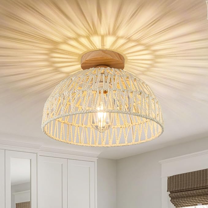 Boho Ceiling Light Fixture Rattan Flush Mount Ceiling Light Bedroom Chandelier Hand-Woven Lamp Shade Wooden Base Small Chandelier Boho Ceilings Lamp for Hallway Nursery Kitchen