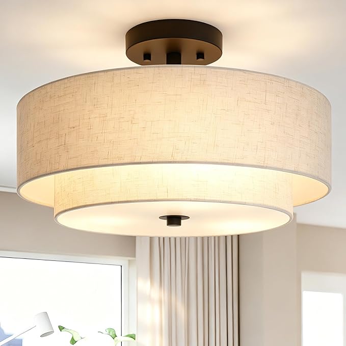 16" Semi Flush Mount Ceiling Light,3-Light,2-Layer Beige Linen Drum | Farmhouse Ceiling Light with Linen Fabric Shade,E26,Great for Living Room,Dining Rooms,Bedroom,Kitchen,Bulbs NOT Included