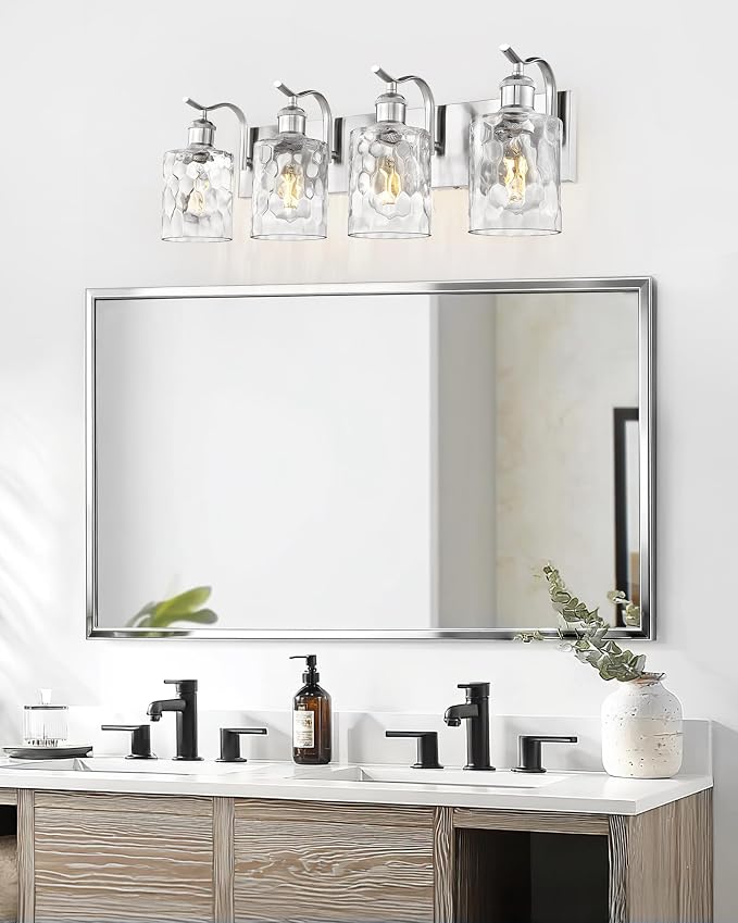 4-Light 27 Inch Bathroom Vanity Light,Hammered Glass,Nickel | Brushed Nickel,Over Mirror Wall Light,E26 sockets,for bathroom mirror,powder room,dressing area