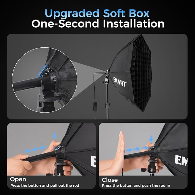 EMART Softbox Lighting Kit with Grid, 50W 20"x20" Soft Box for Photography | Pull Softbox, 3000K-6000K LED Bulb with Remote/APP Control, Photography Lighting for Video Recording,Streaming,Portrait 2Pack