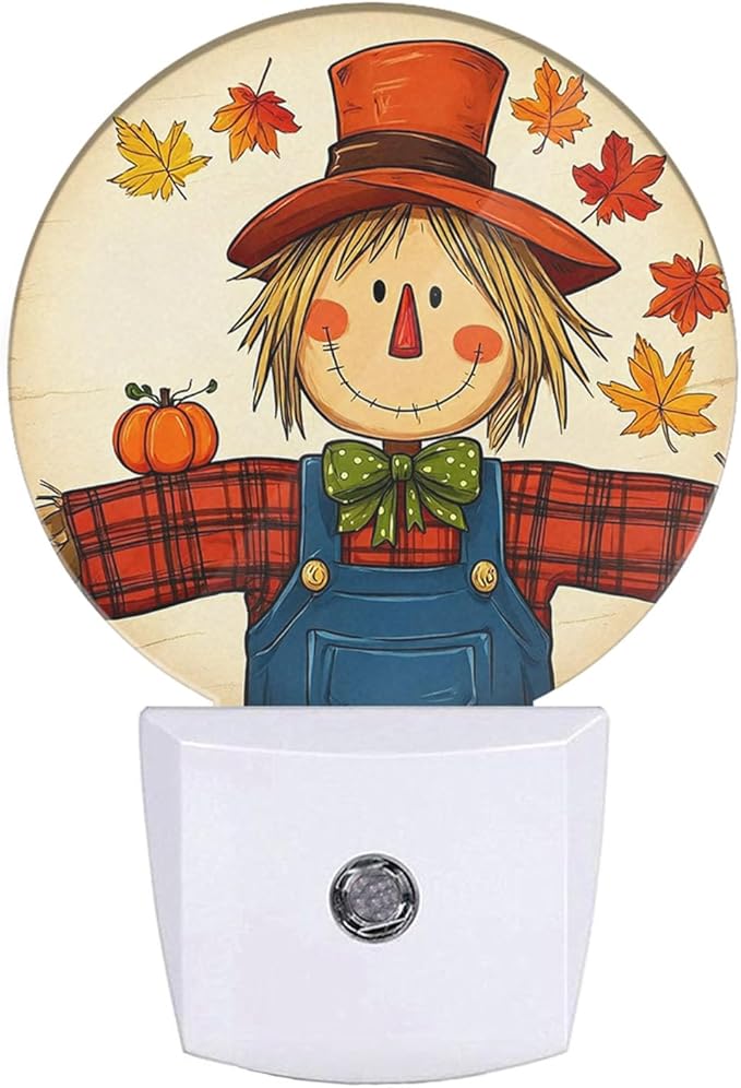 Mugod Autumn Scarecrow Plug-in Nightlights Maple Leaf Fall Night Light Plug into Wall with Dusk-to-Dawn Sensor LED Lighting 0.5W Sleep-Friendly