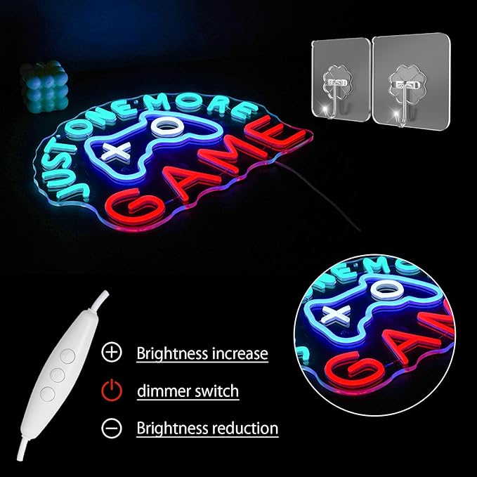 Just One More Game Neon Sign for Gaming Room, USB Powered Gamer Neon Light, Colorful Game LED Light Up Sign for Bedroom, Party, Man Cave,Club, Bar