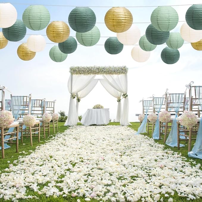 Paper Lanterns Party Decorations, Hanging Round Chinese Lanterns for Graduation Baby Shower Sage Green Birthday Decorations Pack of 20 Sage Green Gold