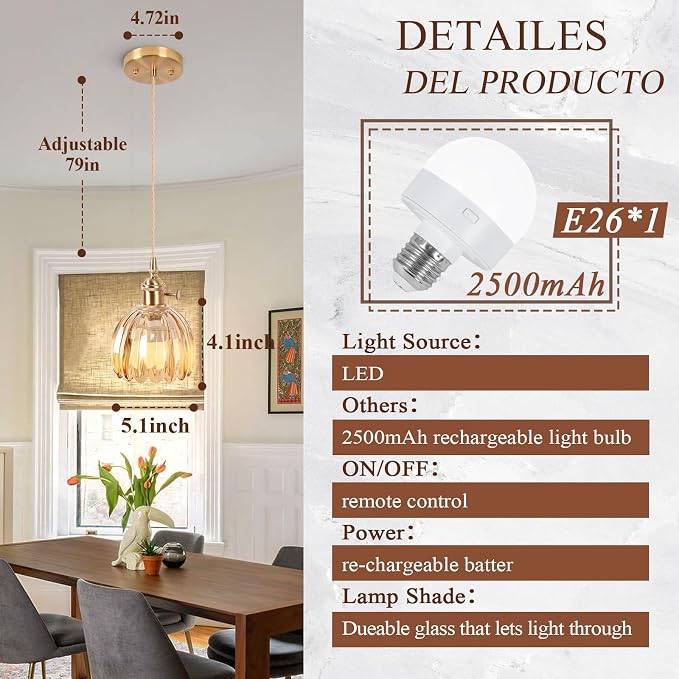 Battery Operated Pendant Light,Mini Hanging Lights RGB Rechargeable Light Bulb 2500mAh 5.1Inch with Remote Control Wireless Adjustable Rechargeable Chandelier for Kitchen Island Hallway