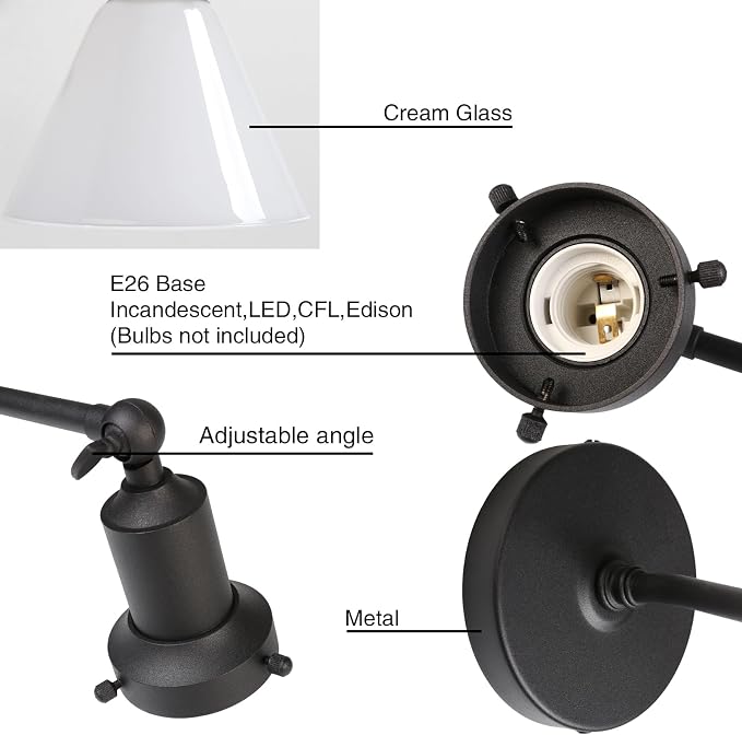 Industrial Vintage Slope Pole Wall Mount Single Sconce with Funnel Flared Milk White Glass Shade Matte Black Wall Sconce Light Lamp Fixture
