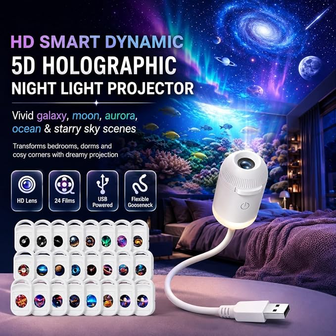 HD Smart Dynamic 5D Holographic Night Light Projector, 2-in-1 HD Plug and Play Galaxy Projector Portable Night Light Projector 360 Rotating USB Powered with 24 Films for Bedroom (24 Films)