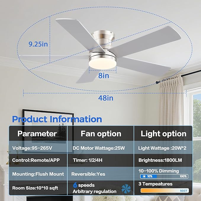 Flush Mount Low Profile Ceiling Fans with Lights - Modern Ceiling Fan with LED Dimming, Timer, 6Wind Speeds, Indoor Fan Light Fixture for Bedroom, Kitchen, Nickel