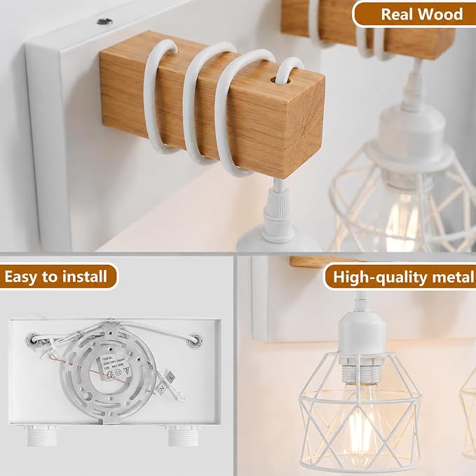 Farmhouse Vanity Light Fixture,2-Light Bathroom Lighting,White Modern Wood Wall Light Over Mirror with Metal Shade