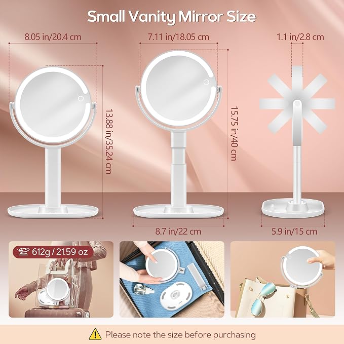 Vanity Mirror with Lights, 30X Magnifying Makeup Mirror with 3 Lighting and Adjustable Brightness, Rechargeable 2-Sided Height Adjustable Desk Mirror for Bathroom, Women Gifts for Mom