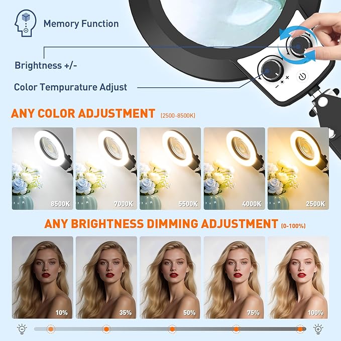 KIRKAS 12X & 30X Magnifying Glass with Light and Clamp, Extra-long Arm Magnifying Lamp Overhead Knob for Workbench Craft Repair Sewing, LED Lighted Magnifier Real Glass Lens Stepless Dimming and Color