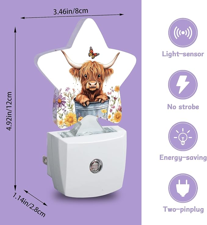 Night Light,Highland Cow Night Lights Plug into Wall Butterfly Flowers Decorations for Bedroom Bathroom,Dusk to Dawn Sensor Kitchen Hallway Stairs Energy Efficient Desk Lamp