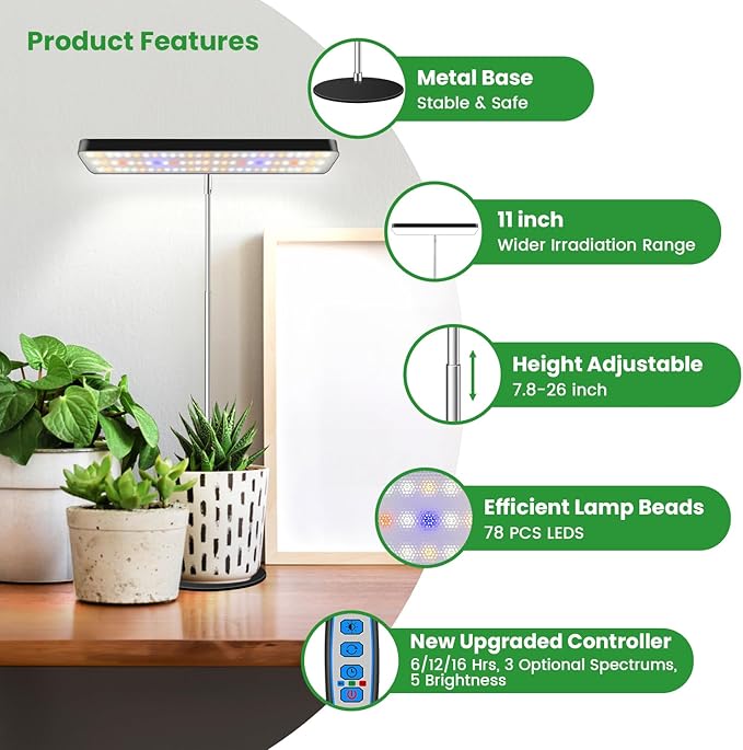 Wiaxulay Grow Lights for Indoor Plants Full Spectrum, 78 LED/11 in Desktop Plant Grow Light with Metal Base, Height Adjustable 7.8-26 in, 3 Lighting Modes, Auto Timer 6/12/16 Hrs, 5 Brightness,1 Pack
