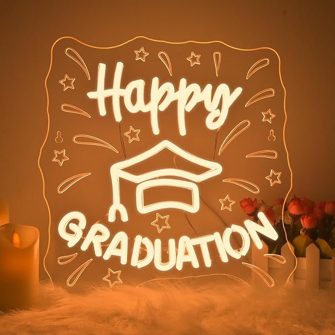 WLHOPE Happy Graduation Neon Sign Led Signs for Graduation Ceremony Wall Decor, Neon Lights Transparent Acrylic Board Sign for Classroom Dorm School Bedroom Decoration Gifts for Teens