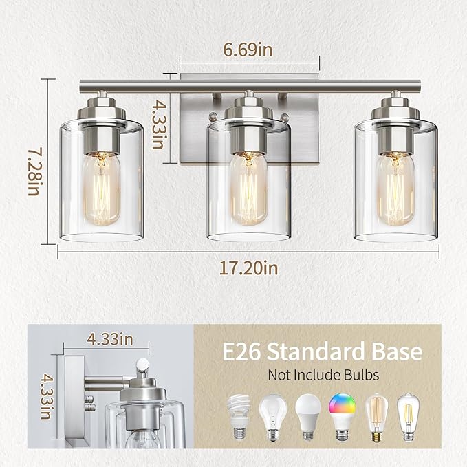 Bathroom Vanity Light Over Mirror,Bathroom Light Fixture Wall Sconce Lighting for Bedroom,Living Room (Nickel, 3-Light)