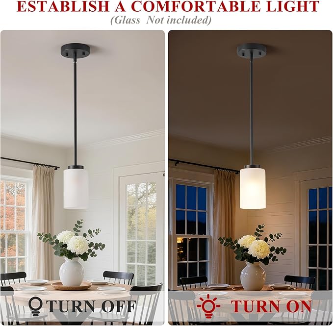 1-Light Mini Pendant Light Fixtures, Industrial Chandelier Hanging Ceiling Lights with Opal White Glass, Adjustable Height, Black Pendant Lamp, 2 Pack