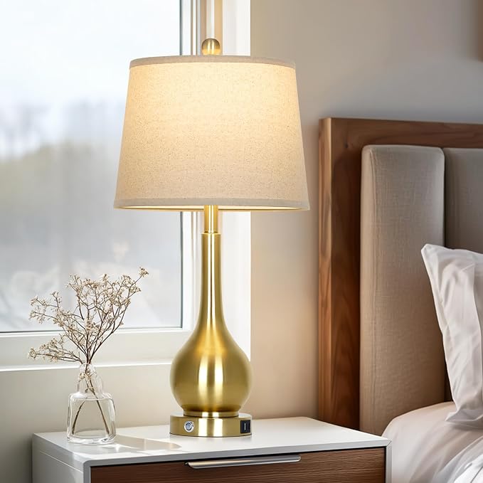 26" Gold Table Lamp for Living Room Single, Touch Control Bedroom Lamps for Nightstand, 3-Way Dimmable Bedside Lamp with USB A+C Port (1 Pack)