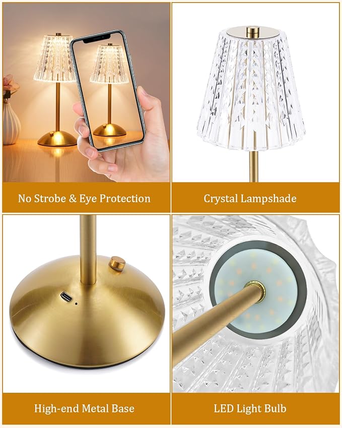 Nusogon 4 Pack Rechargeable Cordless Table Lamp, Touch Control Desk Lamp | 3 Color Dimmable LED Gold Small Lamp for Bedroom Bedside Restaurant Kitchen Home Decor