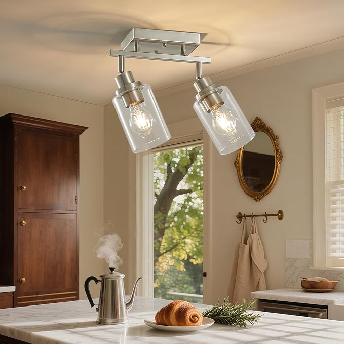 LOUSACE 2 Light Brushed Nickel Bathroom Vanity Track Light Fixtures Ceiling Mount Kitchen Track Lighting Kit with Clear Glass Shade, Modern Wall Ceiling Rotatable Tracking Light Heads for Accent Shop