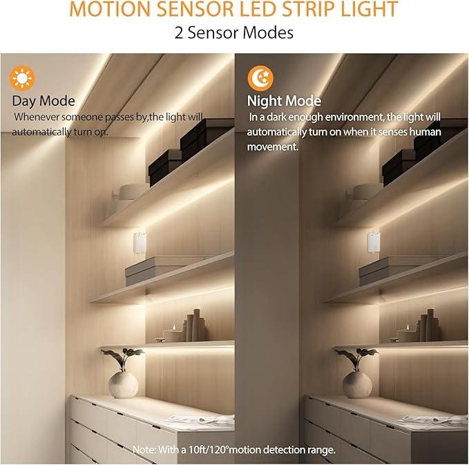 OMIKA COB Motion Activated LED Strip Light, 6.56ft 640LEDs 4000K Natural White Rechargeable Night Light, Safe Tape Light for Cupboard, Bed, Shelves, Wardrobe, Stairs, Pantry, 2 Pack