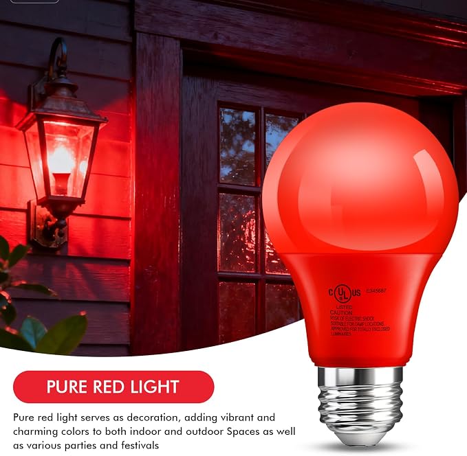 TJOY Red LED Light Bulb Outdoor Porch Halloween, A19 Colored 60 Watt Eq | Red Colored LED Lights, 5W E26 Base, Christmas Indoor Party Bedroom Decoration, Non-Dimmable, 4 Pack