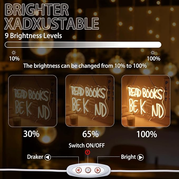 Read Books And Be Kind Neon Sign for Wall Decor Warm White Read Books Neon Light Dimmable Classroom LED Light up Signs for Study Room Bookstore Bedroom Classroom Library Decor