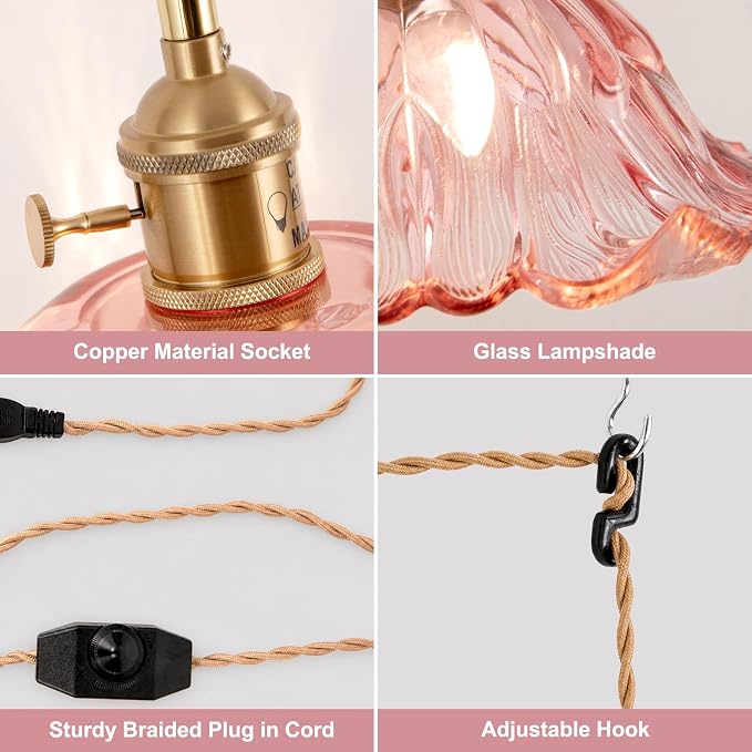 Plug in Pendant Light Fixtures,Hanging Light Fixture Corded On/Off Switch,11 inch E26 Pink Glass Lampshade Pendant Lighting for Kitchen Island, Bedroom, Dining Room