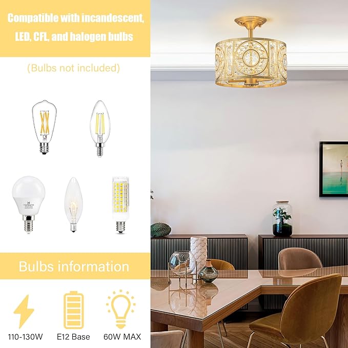 Semi Flush Mount Chandelier for Dining Room, 3-Lights Vintage Crystal Round Chandelier, Gold Retro Semi-Flush Mount Ceiling Lights Fixture for Living Room Bedroom Kitchen Hallway Foyer