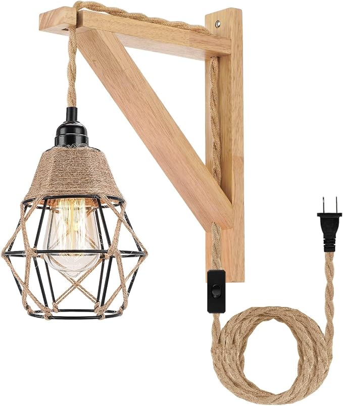 Frideko Plug in Wall Sconce Boho Farmhouse Hanging Wall Lamp with Plug in Cord, Wall Light with Wood Shelf Bracket for Bedroom Living Room Apartment RV Camper(Orange)