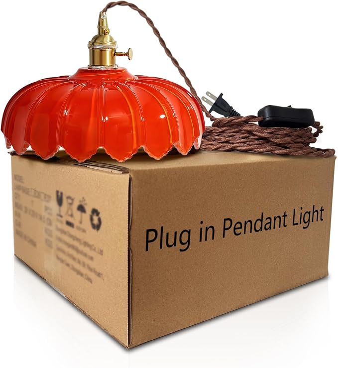 XZHGCEE Plug in Pendant Light: Hanging Light Plug in Orange Glass Hanging Lamp, Pendant Lighting for Kitchen Island, Bedroom, Dining Room, Living Room, E26 No Bulb