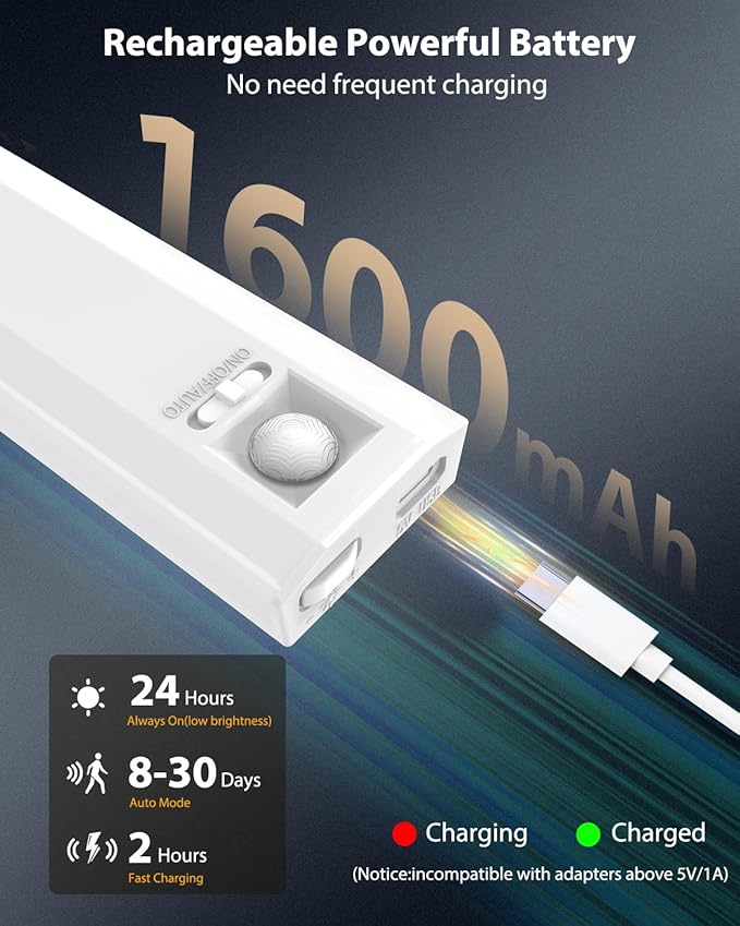 10” Under Cabinet Lighting, 68LEDS Motion Sensor Light Indoor, Rechargeable Battery Magnetic Closet Light, Wireless Under Counter Lights for Kitchen, Stairs, 4-Pack Daylight