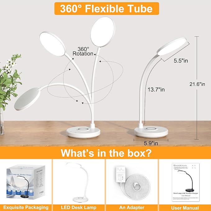Desk Lamps for Home Office, Wireless Charger 800LM CRI95+ Desk Light, White | Eye-Caring Study Lamp with 3 Color Modes, Dimmable 0-100%, Flexible Neck for Bedside, College Dorm, Adapter Included