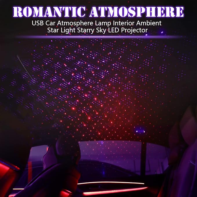 2 Pack USB Star Projector Night Light for Car, LED Night Lamp | Adjustable Starry Ceiling, Bedroom & Party Atmosphere, Plug-in USB, Rotating Projection, Interior Roof Decor