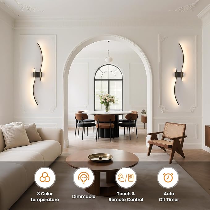 VOLISUN Battery Operated Wall Sconces Set of Two, 39.4 inch Wireless Wall Sconces, 3000K-6500K Dimmable Wall Lamps with Remote, Rechargeable Black Wall Lights for Living Room, Hallway, Bedroom