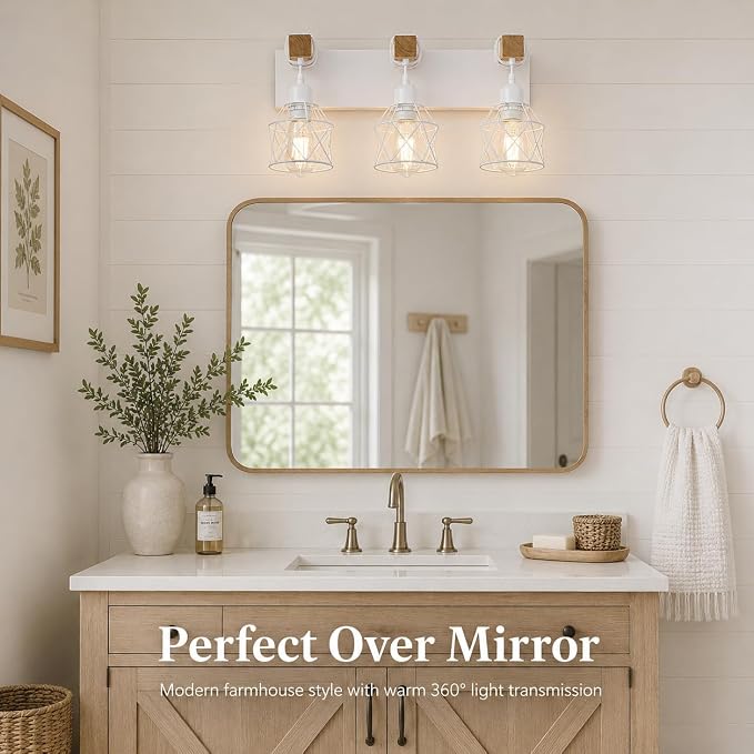 Farmhouse Vanity Light Fixture,3-Light Bathroom Lighting,White Modern Wood Wall Light Over Mirror with Metal Shade,Bulbs NOT Included