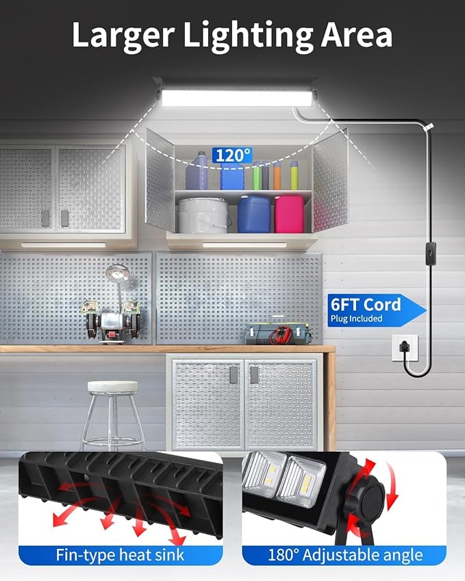IP66 Waterproof 45W LED Shop Lights, 5400LM 6000K Daylight White Garage Light with 6FT Power Cord & Switch, Plug in LED Work Light for Garage, Workshop, Warehouses, Basement, Yard, 12 Pack