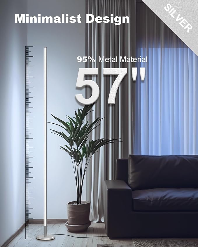 Minimalist Corner Floor Lamp - 2700K-6500K Dimmable LED Light | Modern Standing Mood Lamp with Remote Control for Living Room, Bedroom - 57" - 12W - Silver - 1Pack