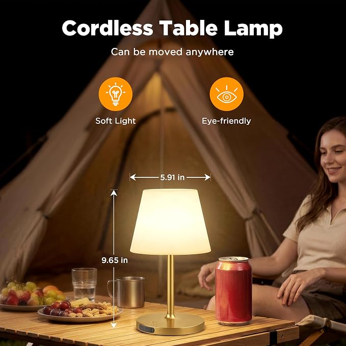 LUTEC Shower Lamp Waterproof, 6000mAh Rechargeable Cordless Table Lamp with 3 Color Temps and Stepless Dimming, Touch Control & Portable LED Nightlight for Bathroom, Desk, Outdoor(Gold)