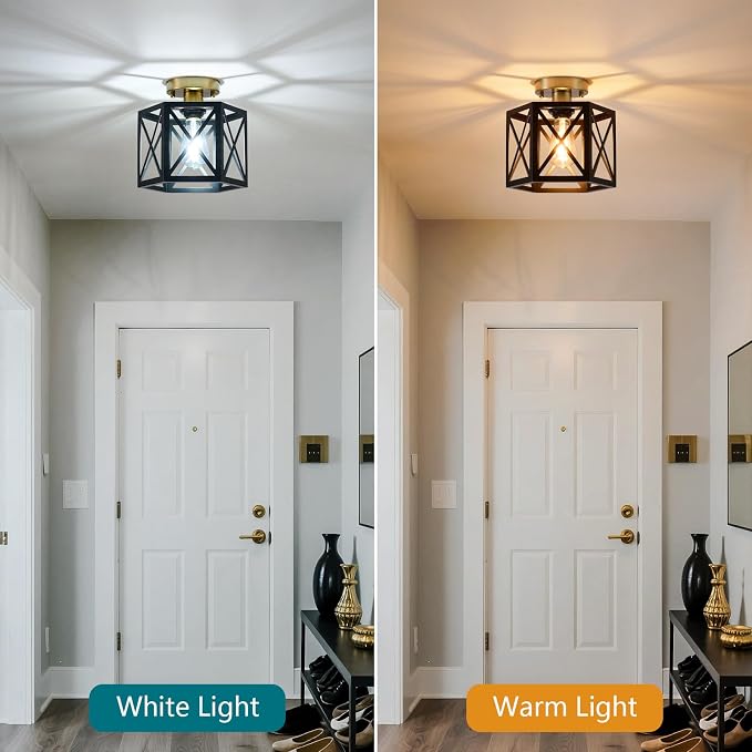 XSDeTu Black Gold Flush Mount Ceiling Light Fixtures, Farmhouse Ceiling Lights with Hexagonal Metal Cage, Modern Close to Ceiling Lamp, Small Chandelier for Kitchen Hallway Porch Bedroom, 2 Pack