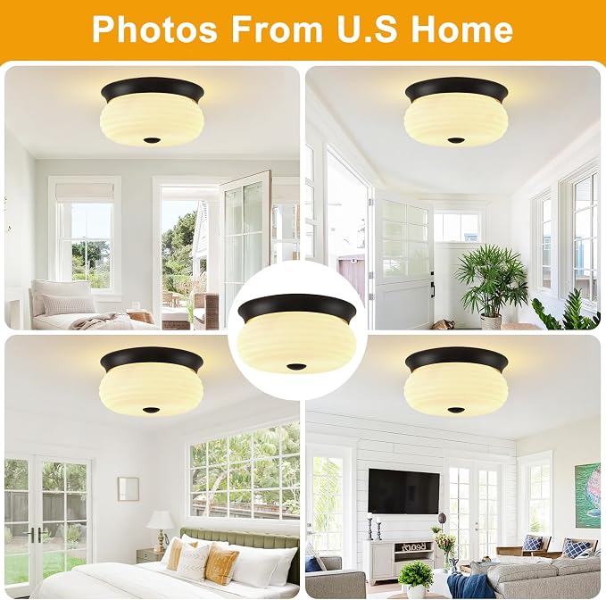 Black Flush Mount Ceiling Light Fixtures, 2-Light Ceiling Mount for Modern with Clear Milk Glass Shade, Industrial Flush Mount Light Fixture Farmhouse for Hallway Kitchen Bedroom Entryway Foyer