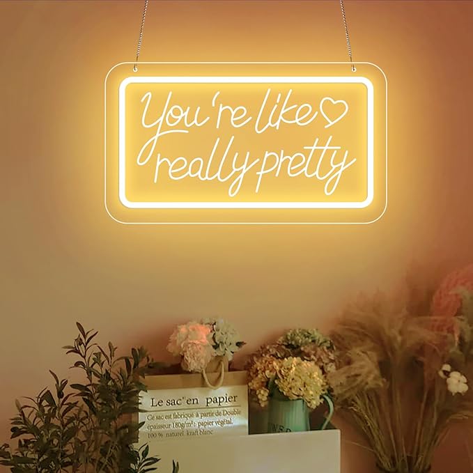 You’re Like Really Pretty Neon Sign – Warm White LED Neon Light Wall Decor, 3D Art Carving, Dimmable USB Powered Night Light for Bedroom, Aesthetic Wall Decor, Christmas & Birthday Gift