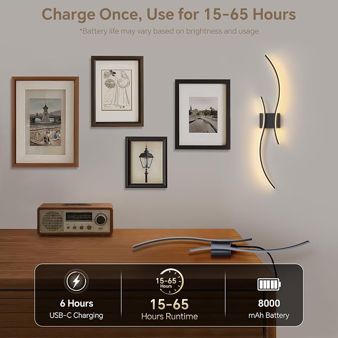 Battery Operated Wall Sconces Set of 2, Dimmable Modern LED Rechargeable Wall Light with Remote Control, Wall Decor for Living Room, Hallway, Quick Install, No Electrician Required