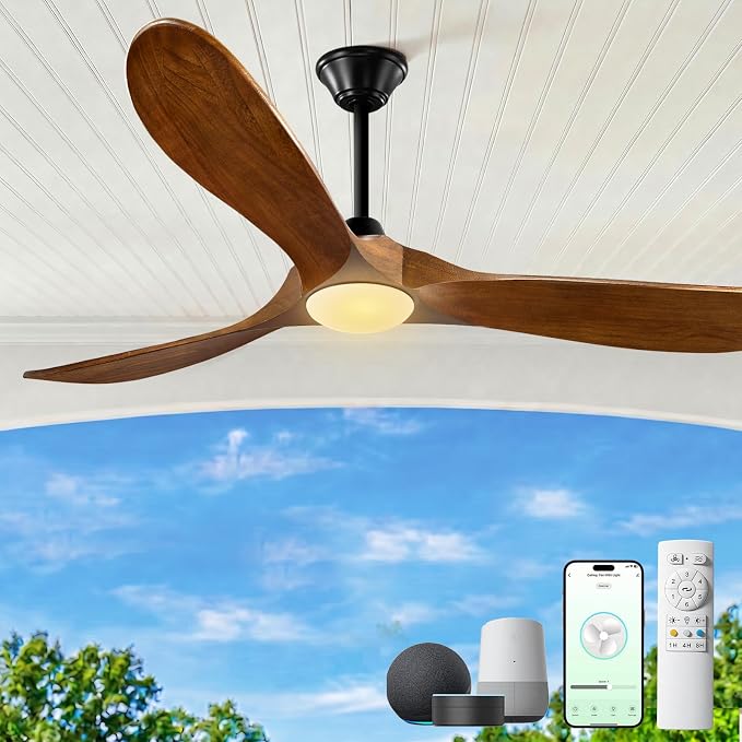 52 inch Outdoor Ceiling Fans with Lights-Glass Lamp, Smart Ceiling Fan with WIFI Alexa and App Remote Control, Damp Rated Wood Propeller Blades for Patios & Porch, 3 Blades, High CFM 6 Speed, Walnut