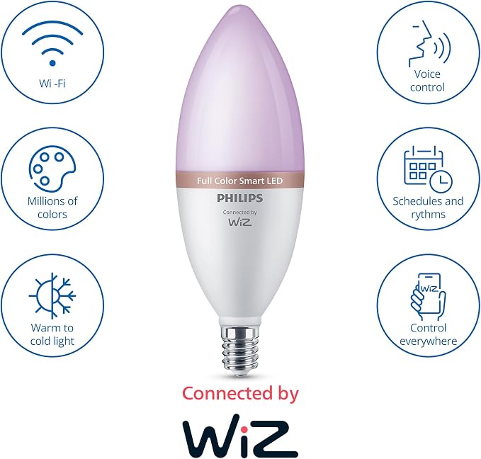 PHILIPS Smart 40W B12 Color LED Smart Candle-Shaped Bulb 4-Pack- E12- Indoor - Connects to Your Existing Wi-Fi - Control with Voice or App + Activate with Motion - Matter Compatible