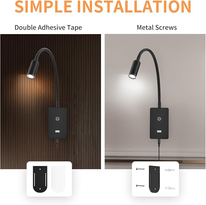 LED Wall Mounted Bedside Lamp with Flexible Gooseneck, Remote Control Black Wall Mount LED Reading Spot Light for Bedroom, Timer Auto Off, Stepless and Step Dimmable, Neutral White Lighting