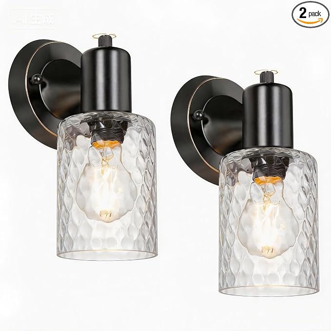 Wall Sconces Set of 2 - Matte Black Vanity Lights for Bathroom Modern Wall Light Fixtures with Rotary Switch - Wall Mount Light with Hammered Glass,Farmhouse Wall Lamp for Bedroom Mirror Living Room