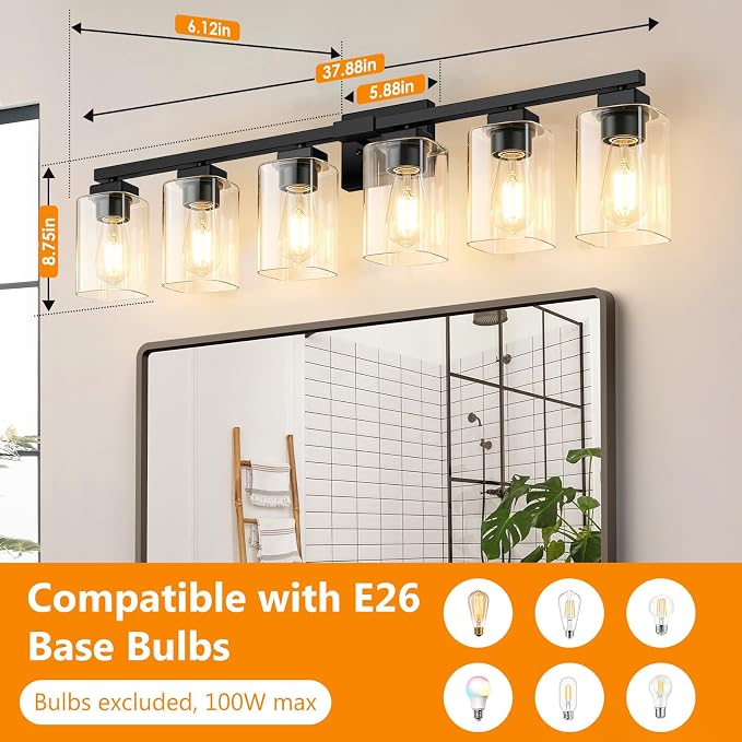 37” Bathroom Light Fixtures Over Mirror,6-Light Black Vanity Light | Large Size, Square Clear Glass & Durable Metal, Quick & Easy Installation, Standard E26 Socket, Bright Bathroom Lighting