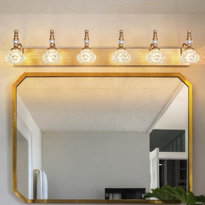 Modern Glass Crystal Vanity Light - Vintage Bathroom Lighting Fixtures Over Mirror, 6 Light Vanity Lights G9 Bulb (43.3 Inch,Brass)