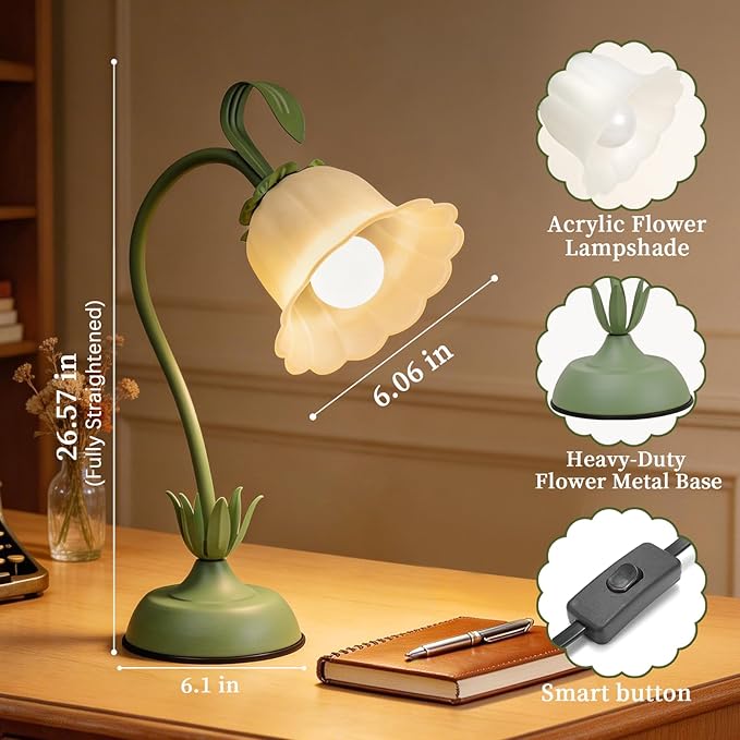 Tulip Flower Table Lamp, 3 Color Temperature Flexible Gooseneck Cute Small Desk Lamp for Bedroom, Vintage Nightstand Bedside Lamps for Living Room, Dorm, Office, Home Decor (Tulip Green)